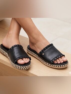 kate spade zahara Black leather Ruffle Espadrille Slide Sandals Size 9